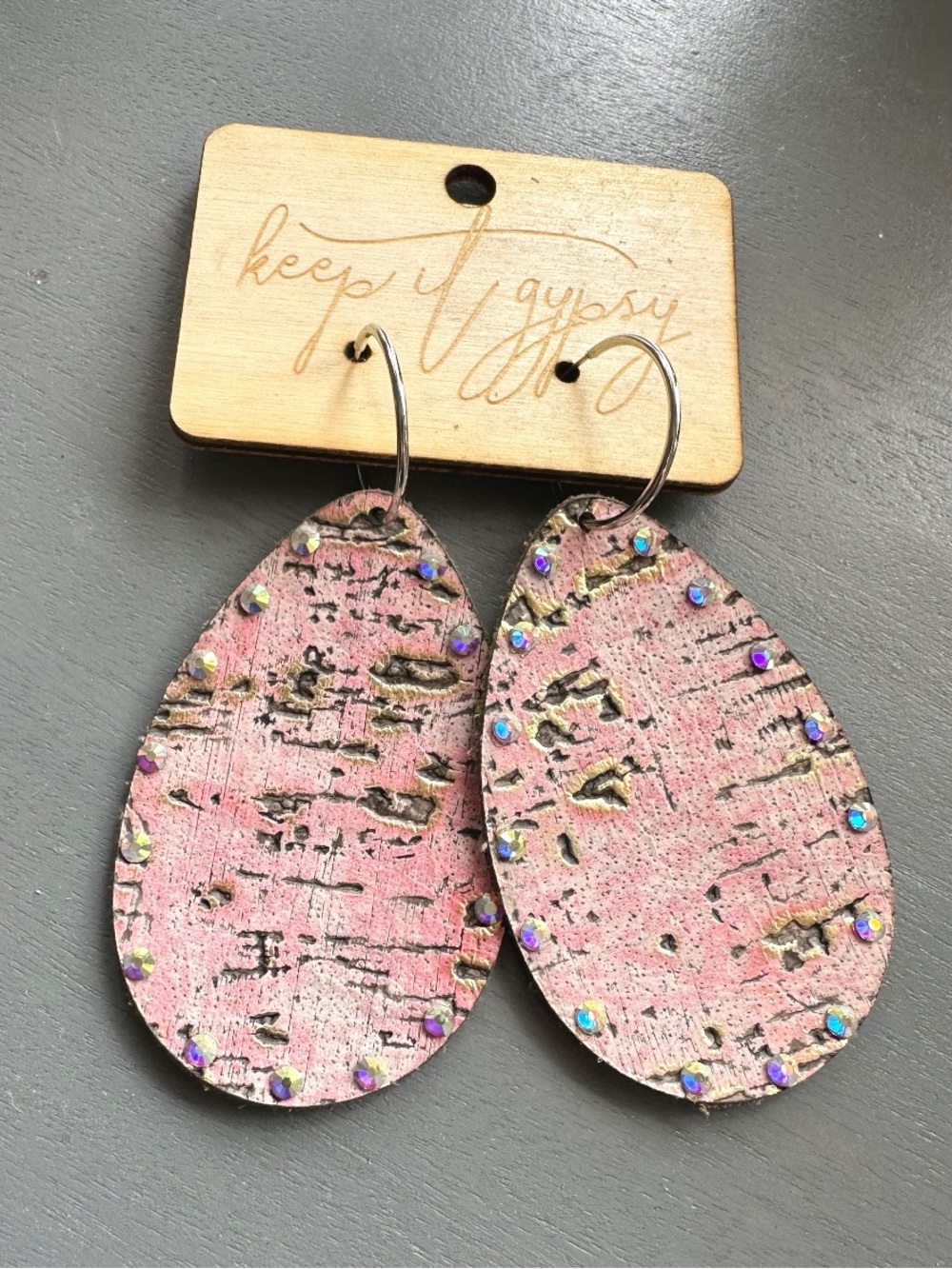 Keep it Gypsy Pink Cork Leather Teardrop Shaped earrings NWT